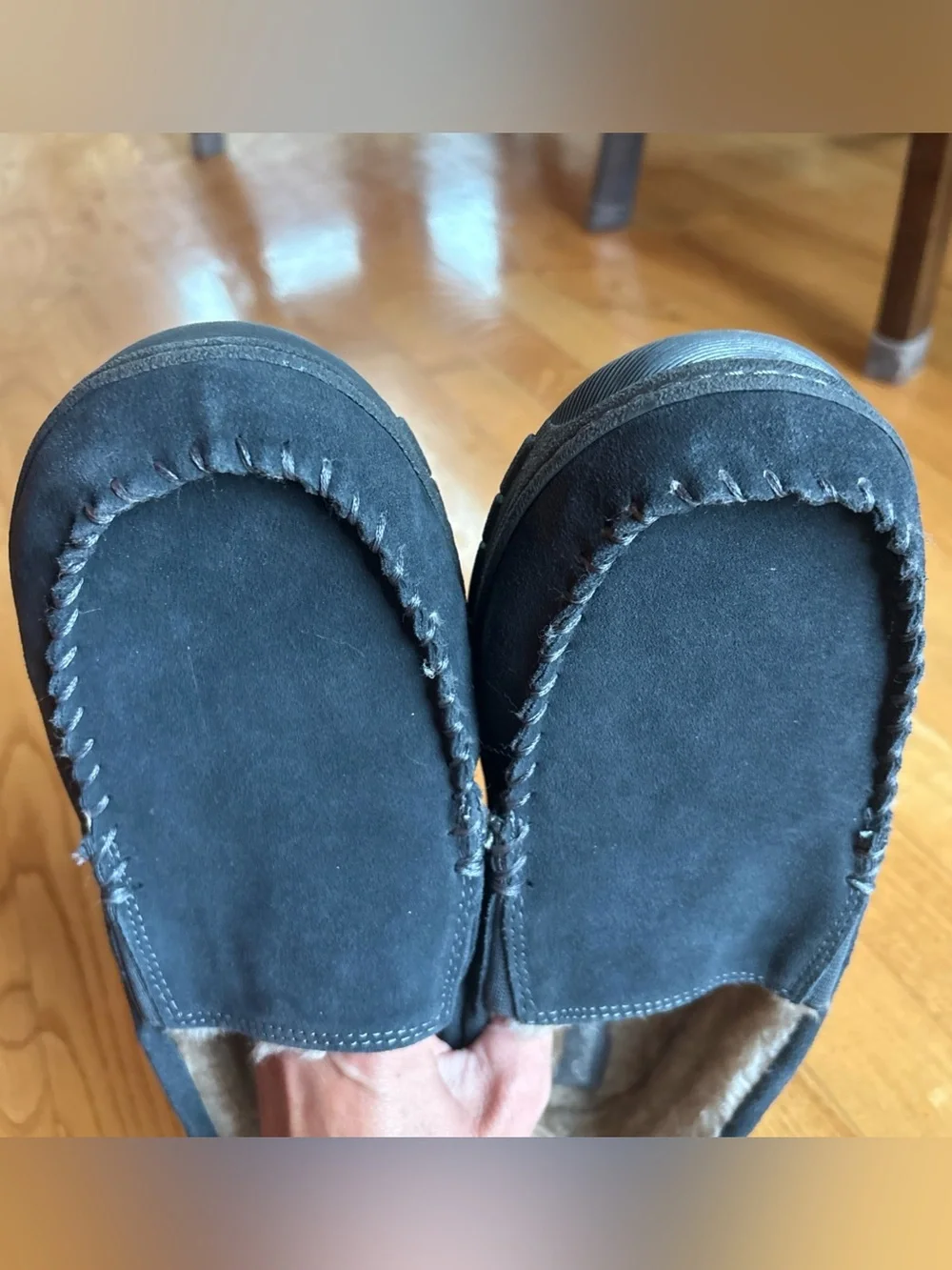 Eddie Bauer Mens Slippers Moccasins Dark Gray Suede Westhaven Faux Fur Sz XXL 13